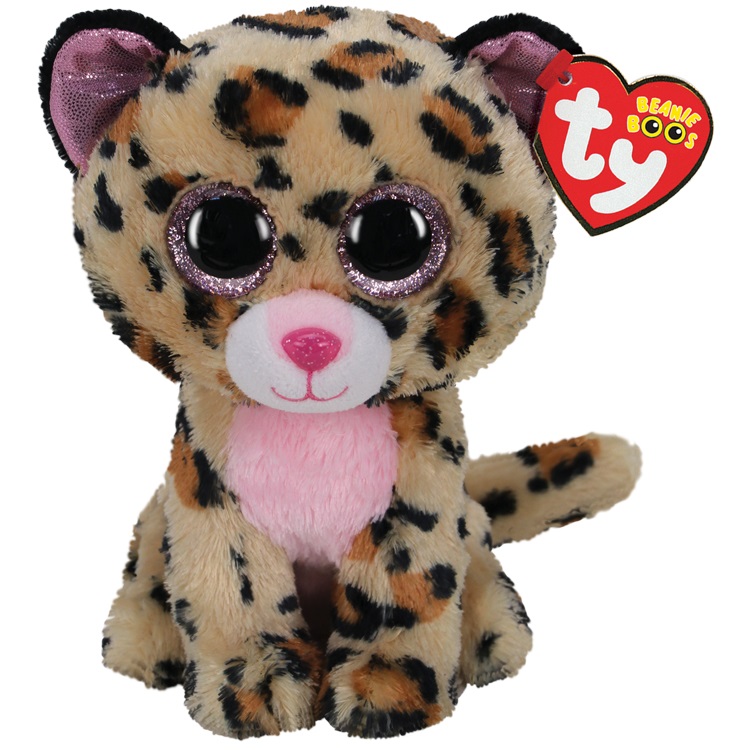 TY Peluche Beanie Boos Leopardo Livvie 15 cm - Marrone e Nero con Occhioni Scintillanti e Orecchie Rosa Glitter