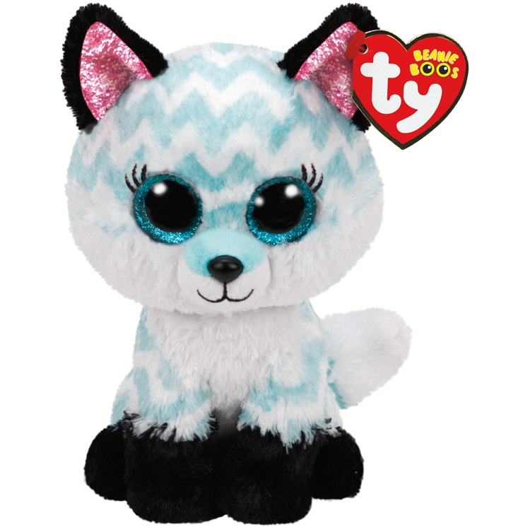 TY Beanie Boos Peluche Volpe Atlas 15 cm - Azzurro, Bianco e Nero con Occhioni Glitterati e Pelliccia a Strisce Zig-Zag