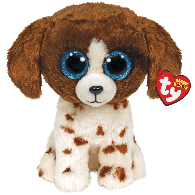 TY Peluche Beanie Boos Muddles Cane 28 cm Marrone e Bianco con Macchie - Occhi Azzurri Grandi e Glitter