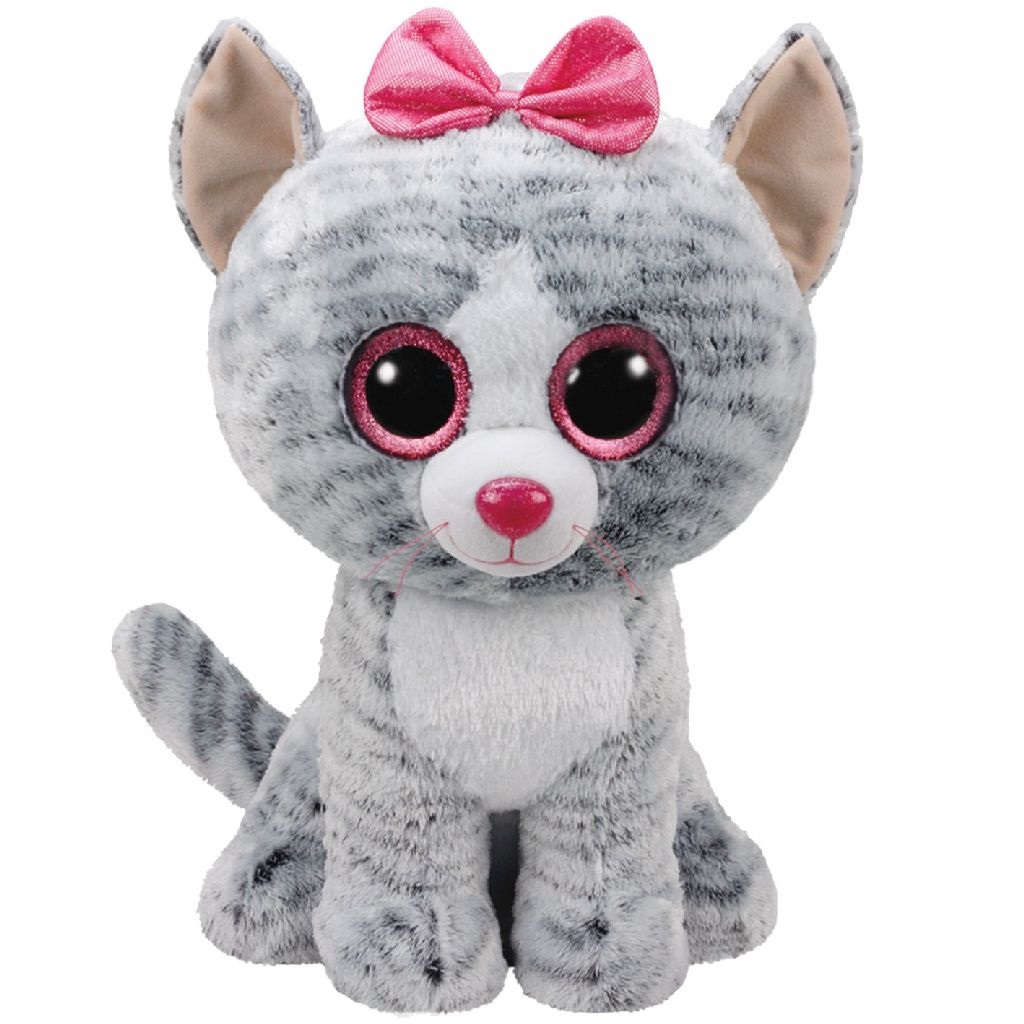 TY Beanie Boos Peluche Gatto Kiki Grigio 42 cm con Occhioni Scintillanti e Fiocchetto Rosa Glitter
