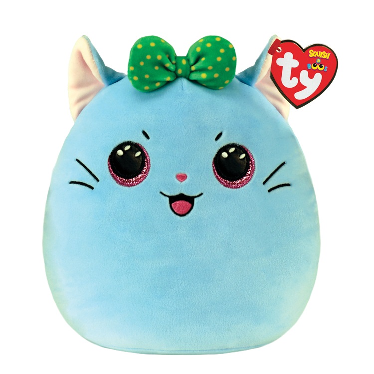 Ty Squishy Beanies - Kirra il Gattino Azzurro, Morbido Cuscino di Peluche con Fiocchetto Verde, 22 cm, Idea Regalo per Grandi e Piccini