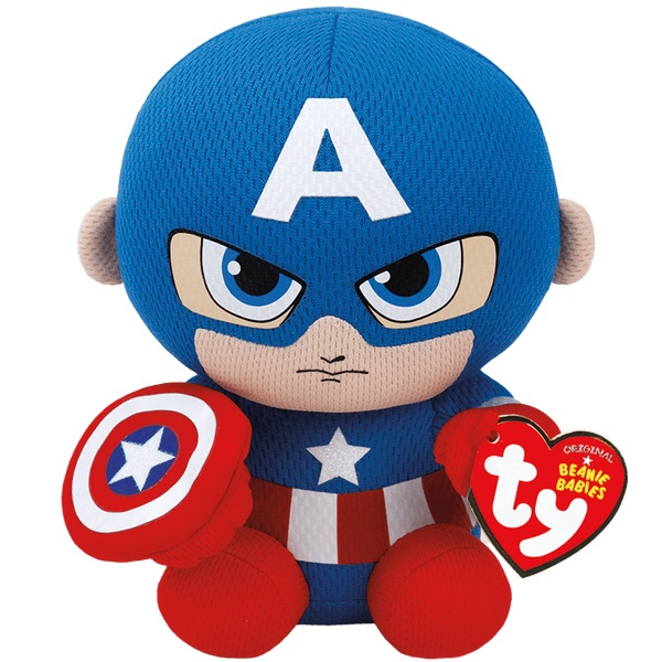 Ty Beanie Boos Peluche Captain America 20 cm - Morbido e Collezionabile con Grandi Occhi Glitterati