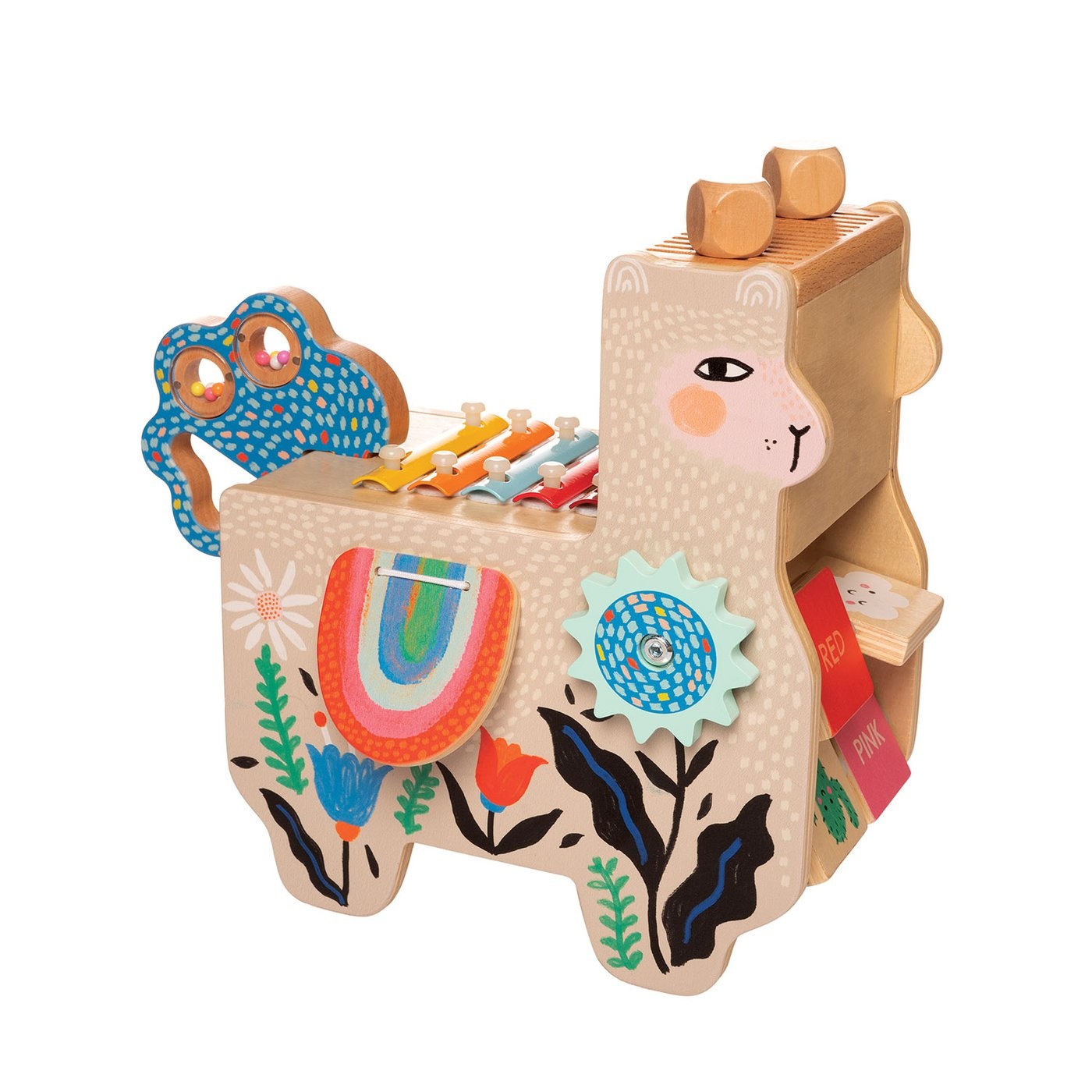 Manhattan Toy Llama Musicale in Legno - Giocattolo Musicale per Bambini con Maraca, Borse Laterali Clacking, Bacchette, Lavatoio e Xilofono