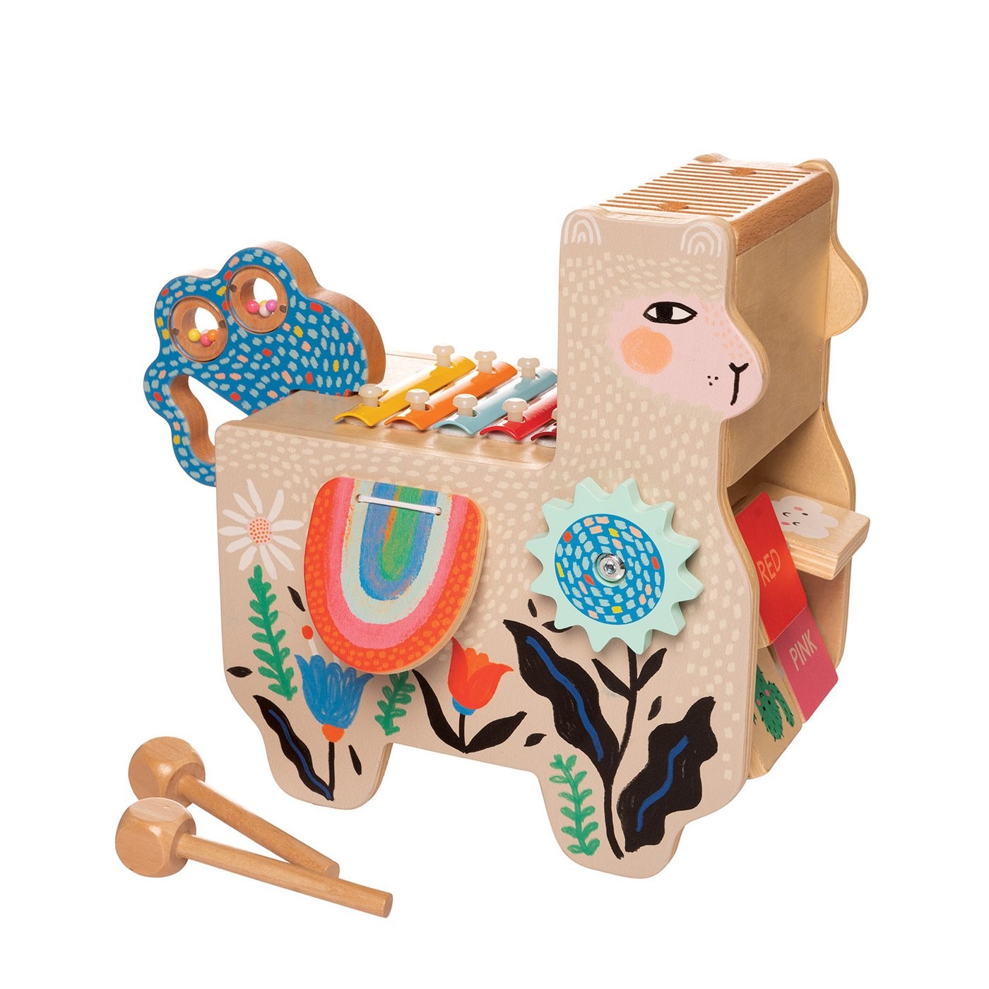 Manhattan Toy Llama Musicale in Legno - Giocattolo Musicale per Bambini con Maraca, Borse Laterali Clacking, Bacchette, Lavatoio e Xilofono