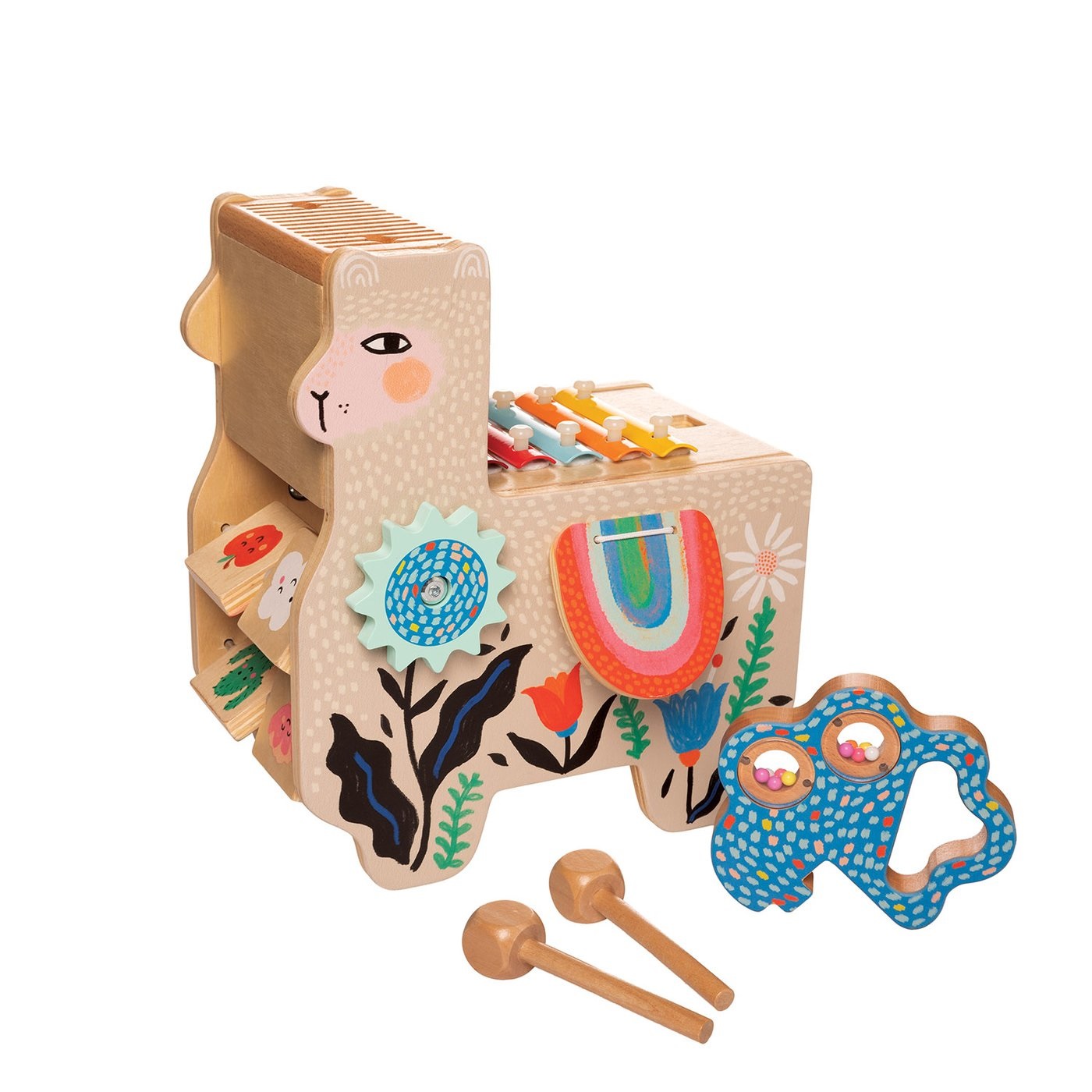 Manhattan Toy Llama Musicale in Legno - Giocattolo Musicale per Bambini con Maraca, Borse Laterali Clacking, Bacchette, Lavatoio e Xilofono