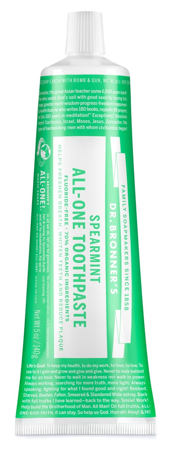 Dr. Bronner's Dentifricio Spearmint 140 g - Con olio di menta verde biologico, senza coloranti, formula semplice per una freschezza duratura