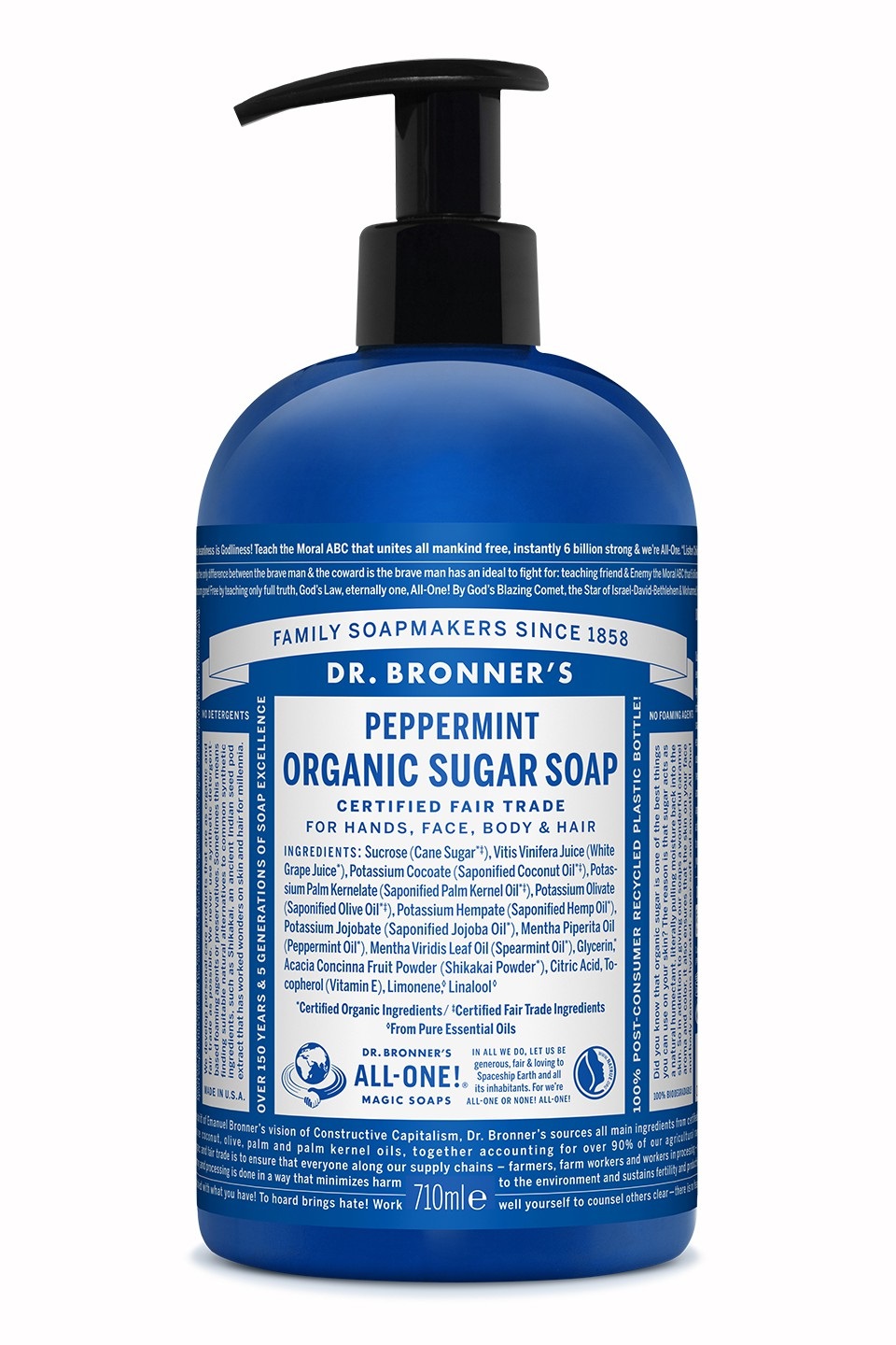 Dr. Bronner's Sapone Liquido alla Menta Piperita 710 ml - Bio Sugar Soap con Zucchero di Canna e Estratto di Shikakai
