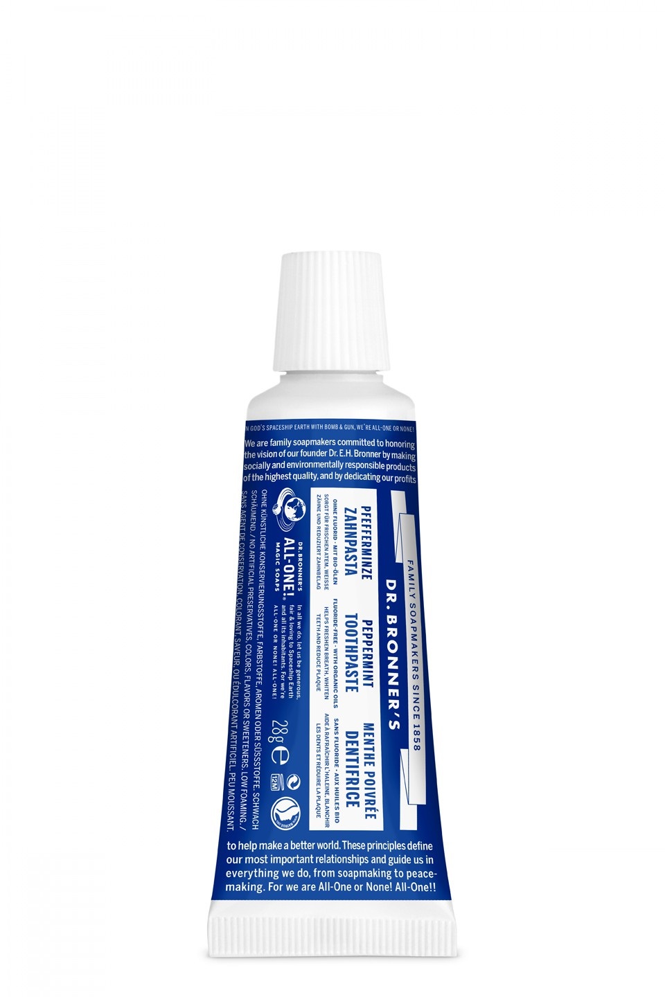 Dr. Bronner's Dentifricio All-One Peppermint 28g - 70% Ingredienti Biologici, Senza Fluoro, Adatto ai Vegani