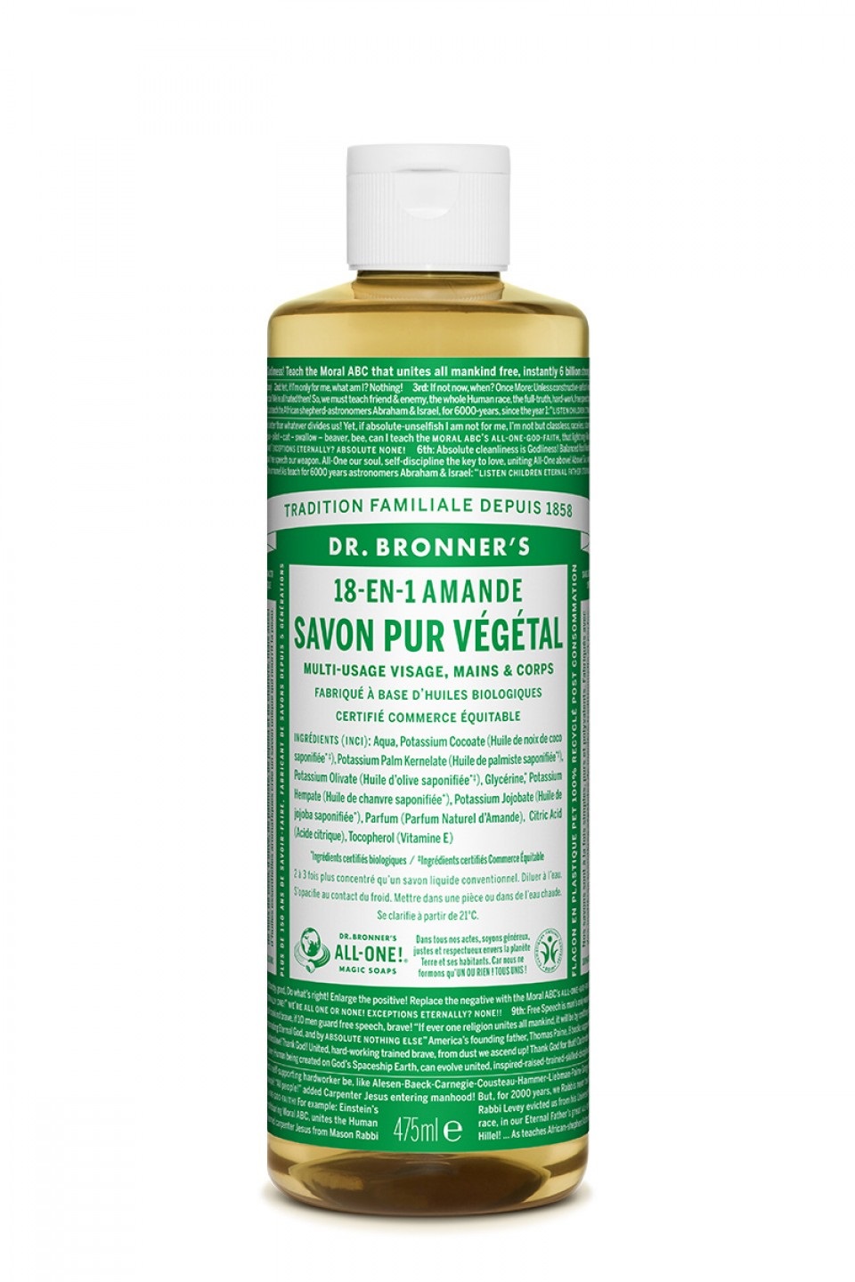Dr. Bronner's 18-IN-1 Sapone Liquido 475 ml - Aroma Mandorla, Marzapane e Amaretto, 3 Volte Più Concentrato