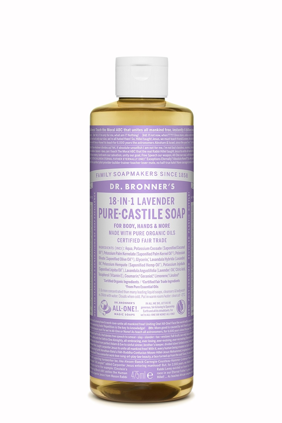 Dr. Bronner's Sapone Liquido Biologico alla Lavanda 475 ml - 18-in-1, Naturale e Concentrato