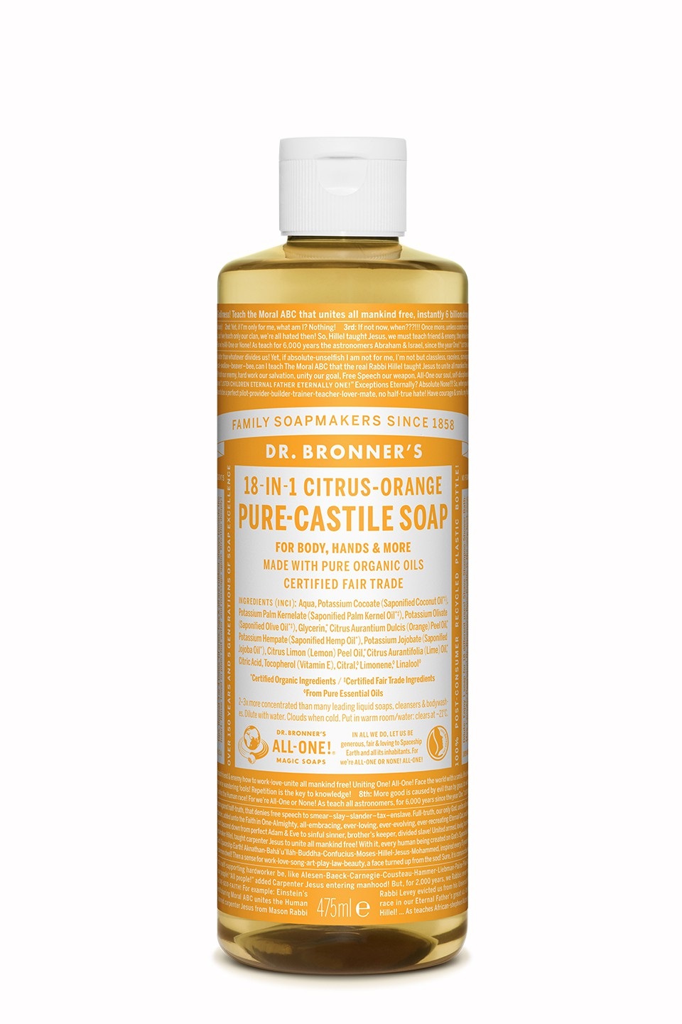 Dr. Bronner's Organic Citrus Castile Liquid Soap - 473 ml, Sapone liquido biodegradabile con oli biologici di arancia, limone e lime, 18-in-1