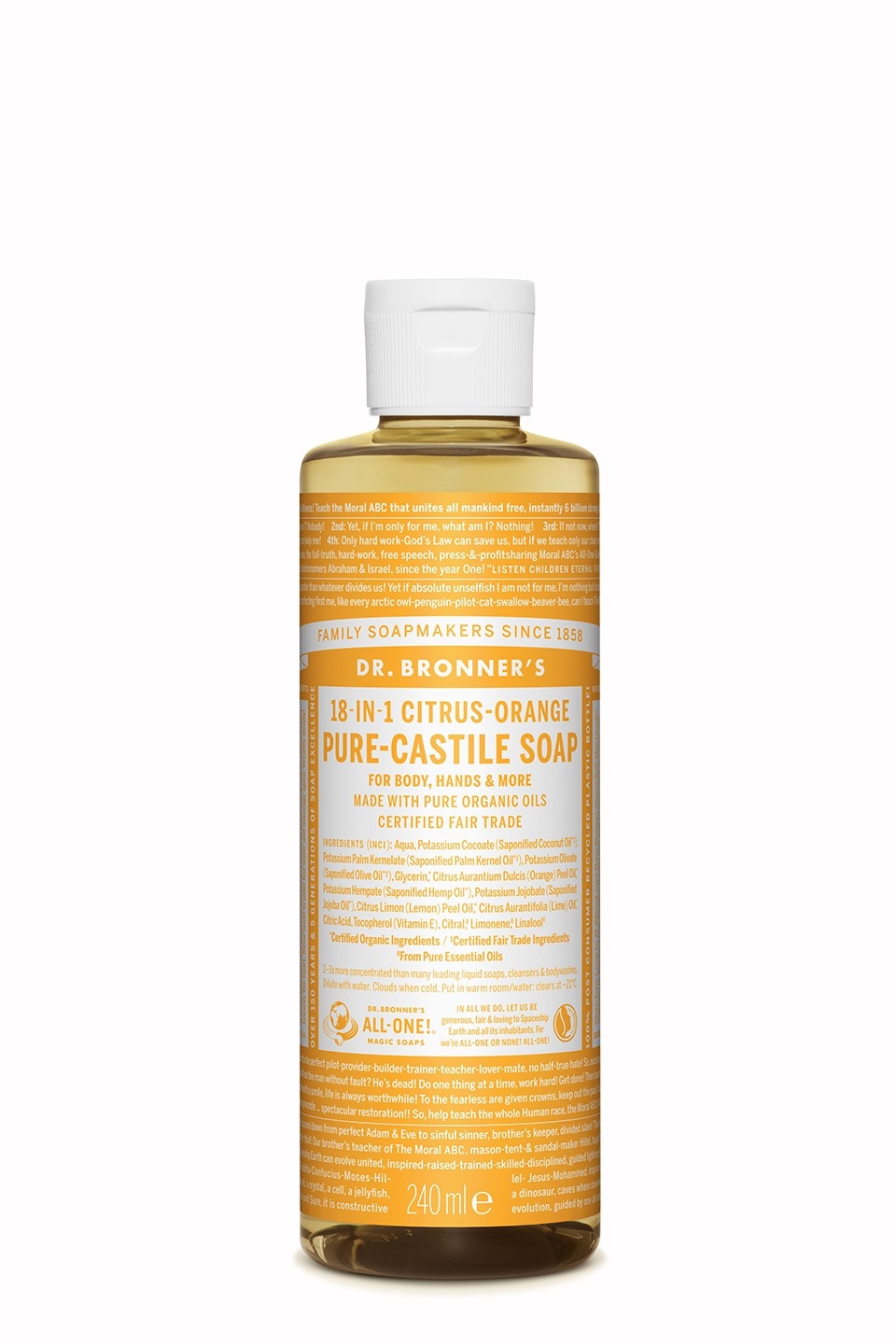 Dr. Bronner's Sapone Liquido Citrus-Orange 240 ml - 18-in-1 Natural Soap