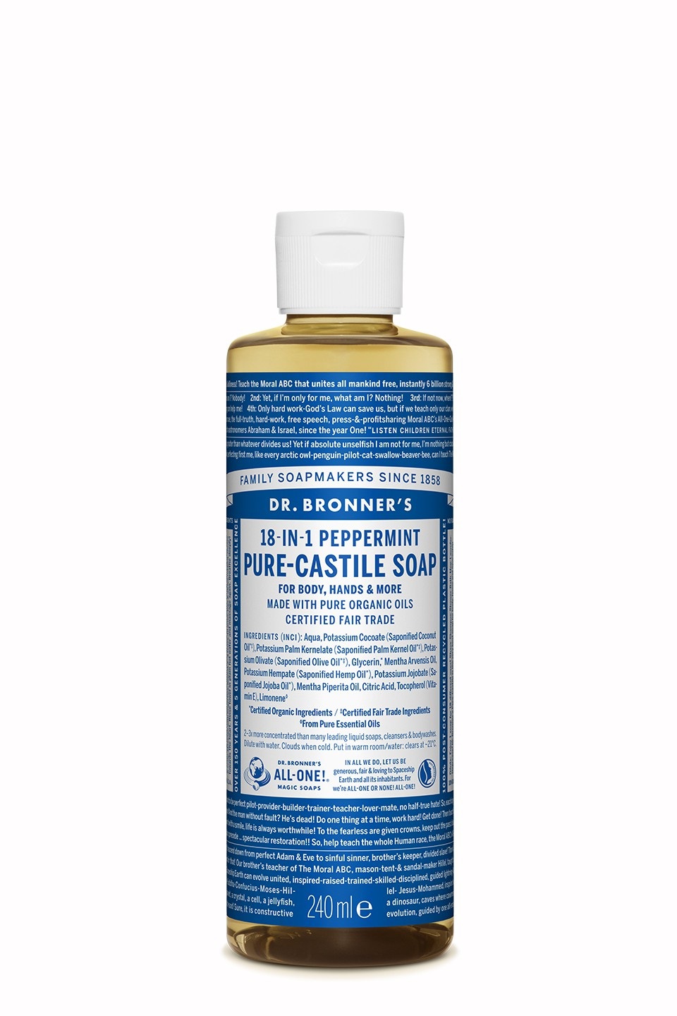 Dr. Bronner's Peppermint 18-in-1 Sapone Liquido 240 ml - Nutre e Lava la Pelle