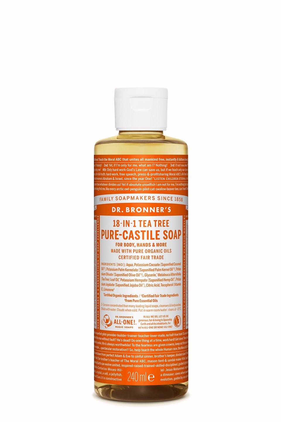 Dr. Bronner's Sapone Liquido 18-in-1 Tea Tree 240 ml - Effetto Antinfiammatorio per Pelli con Impurità