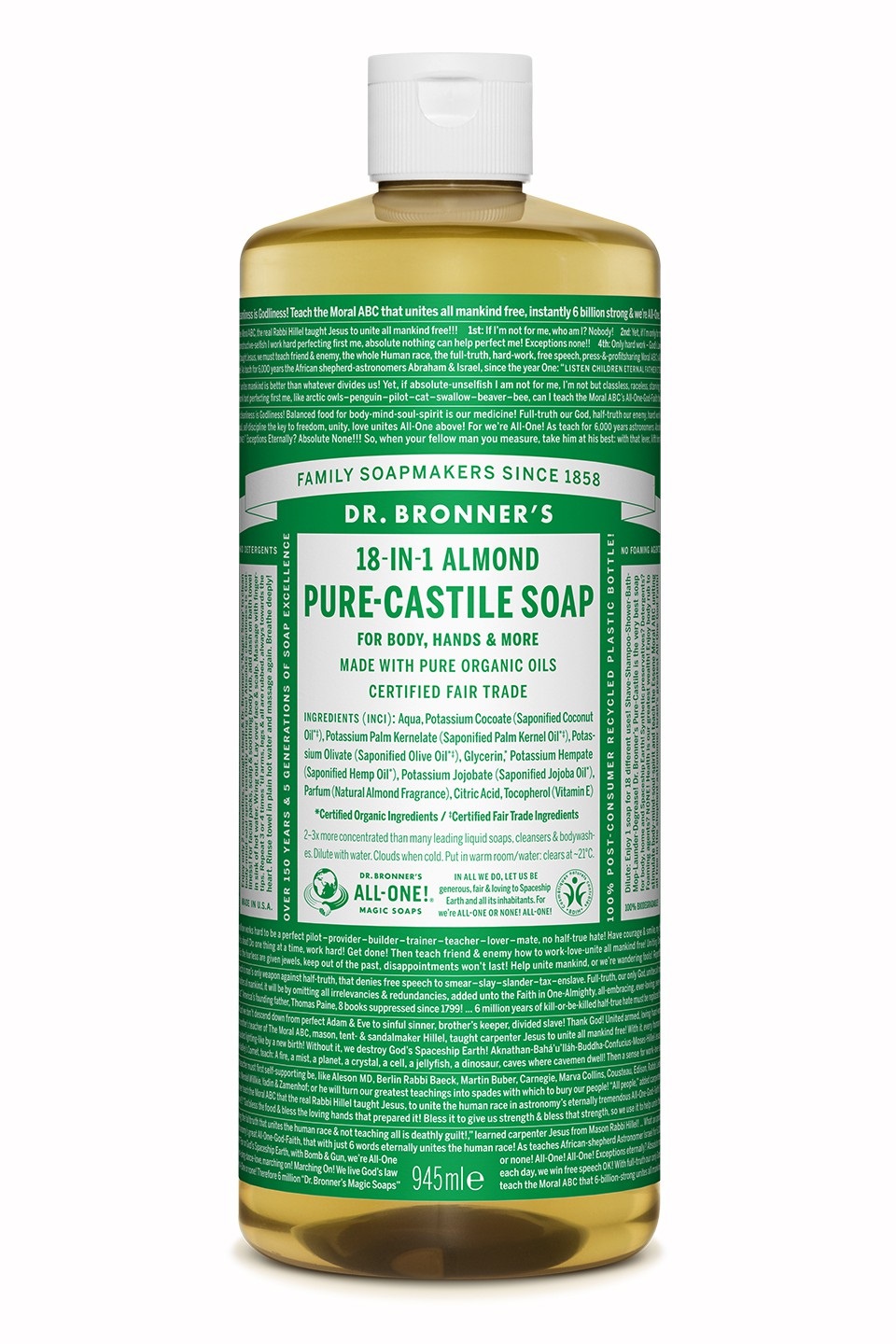 Dr. Bronner's Sapone Liquido 946 ml Mandorla - Biodegradabile e Multiuso con Oli Biologici