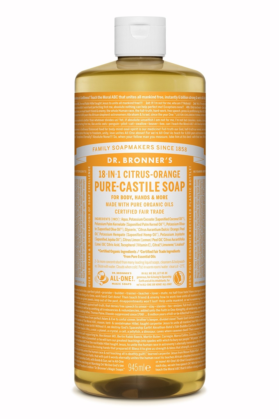 Dr. Bronner's Sapone liquido Citrus & Orange 945 ml - 18-in-1, Nutre e Lava la Pelle