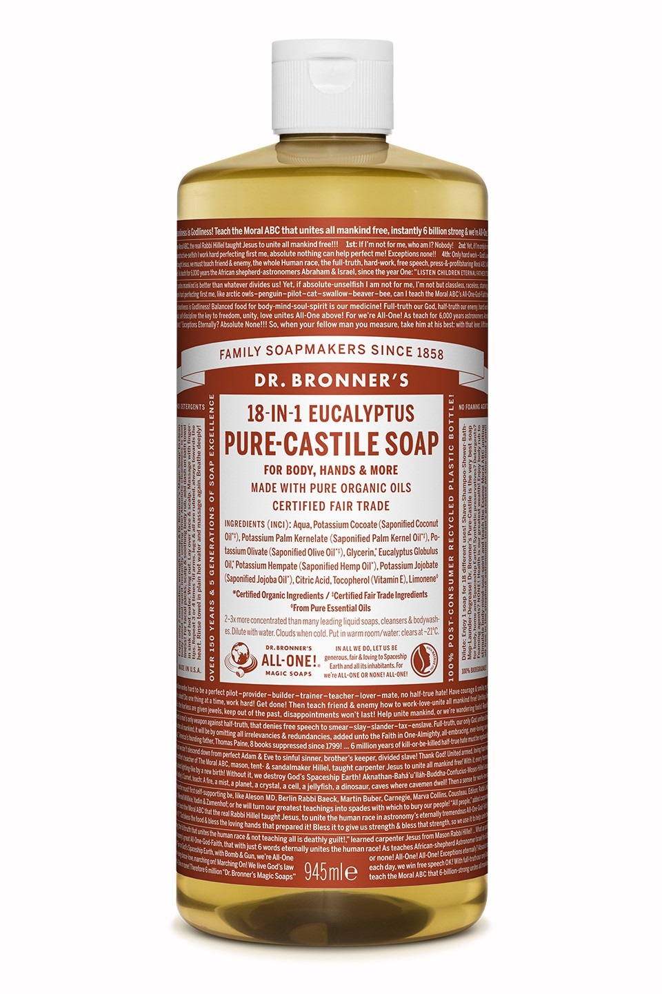 Dr. Bronner's Sapone Liquido Eucalipto 18-in-1 945 ml - Nutre e Rimuove le Impurità