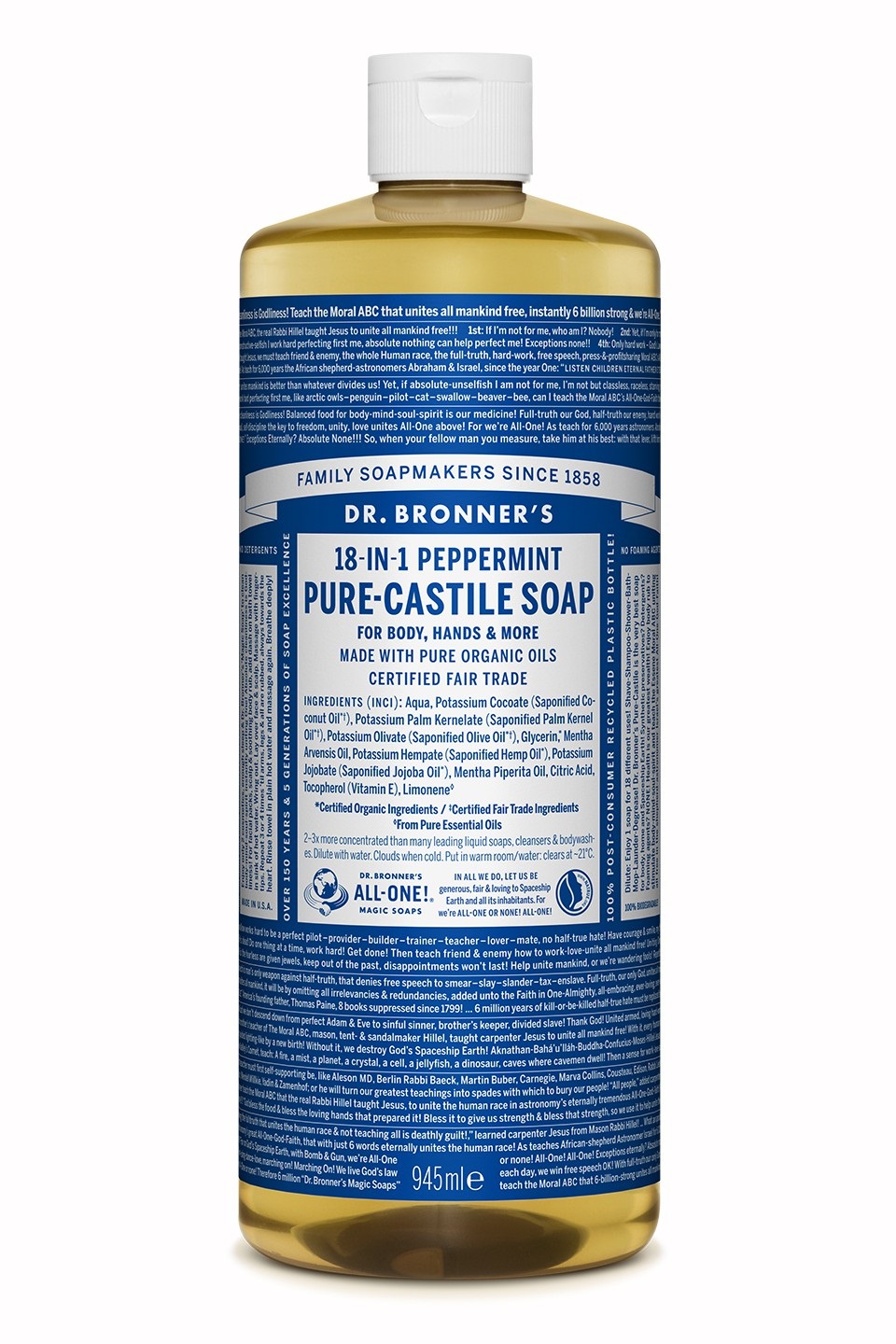 Dr. Bronner's Sapone Liquido alla Menta Piperita 945 ml - Biodegradabile, a Base Vegetale, 18-in-1