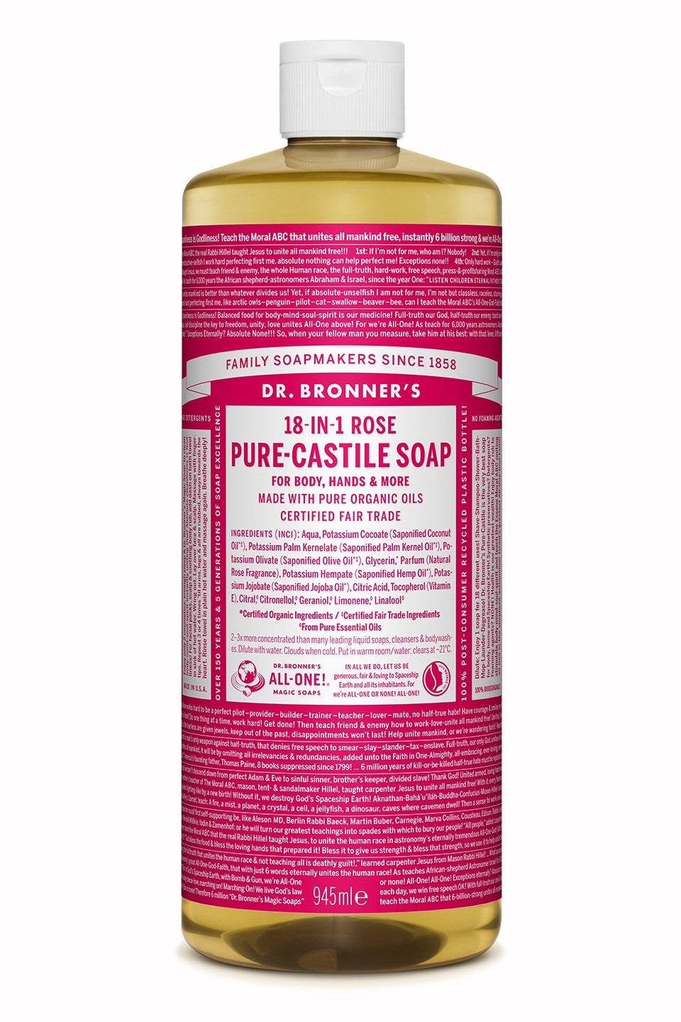 Dr. Bronner's Sapone Liquido 946 ml Rose - 18-in-1, Commercio Equo e Solidale