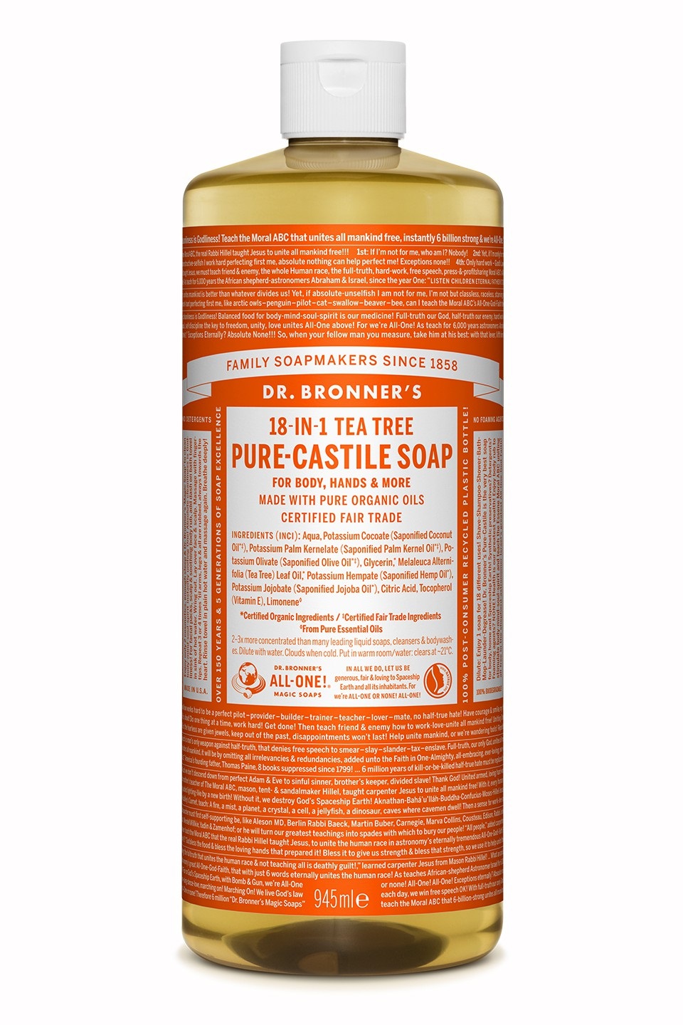 Dr. Bronner's Sapone liquido Tea Tree 18-in-1 945 ml - Effetto antinfiammatorio per pelli con impurità
