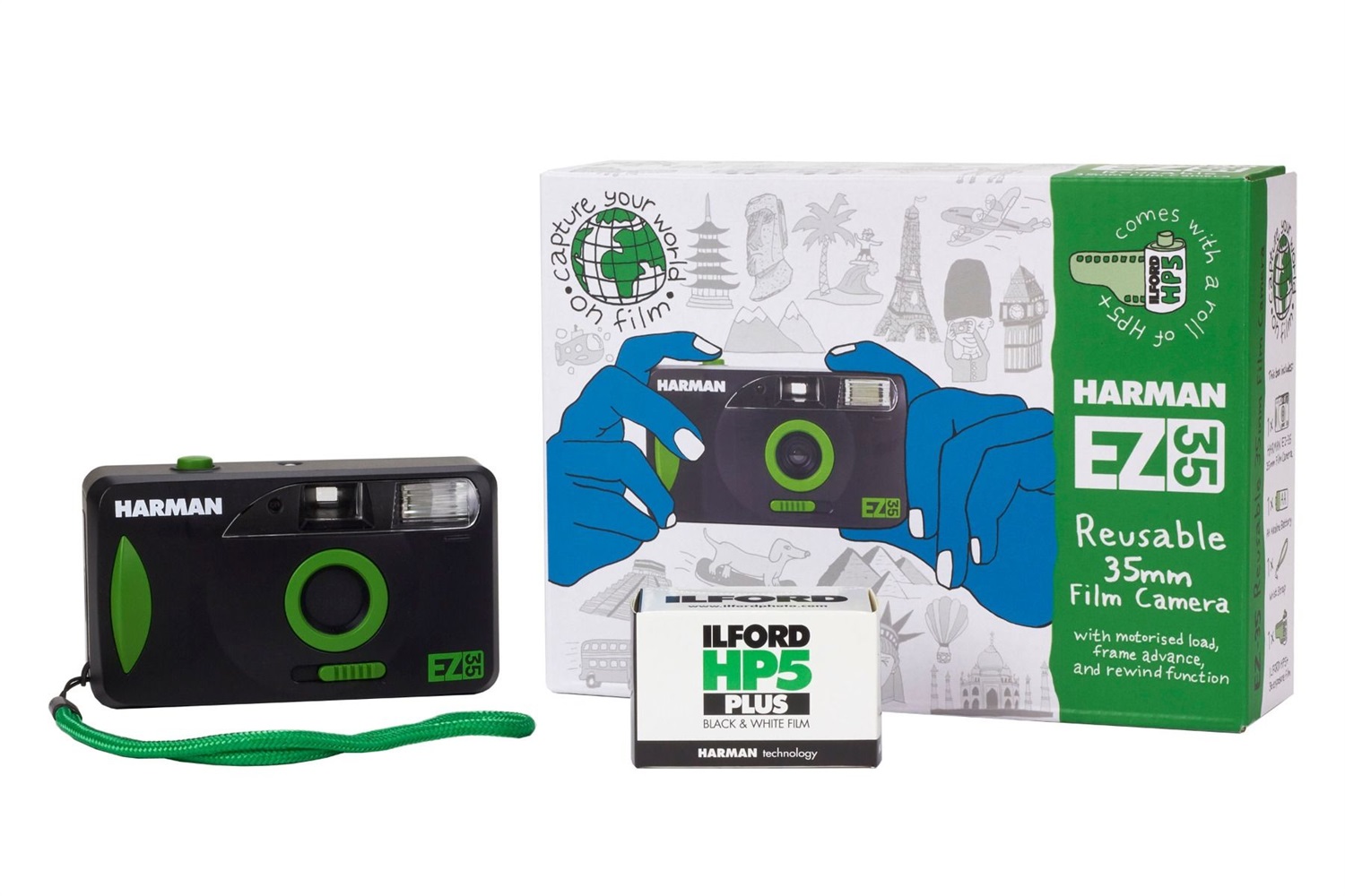 Harman EZ-35 Fotocamera a Pellicola Riutilizzabile 35 mm con Flash Automatico e Pellicola Ilford B&W HP5 Plus 36 Pose
