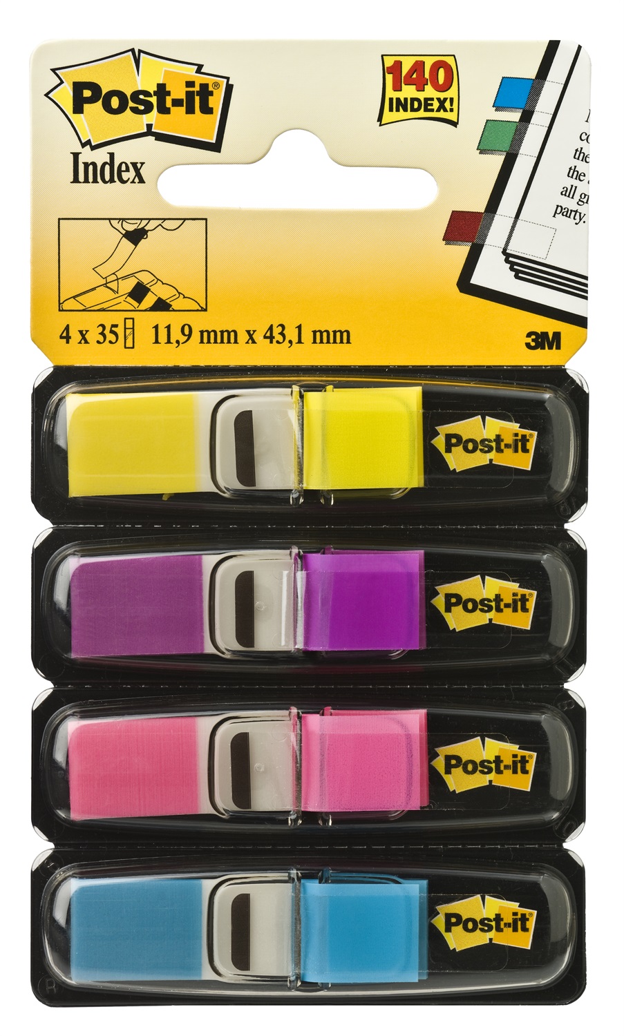 Post-it® Index Segnapagina Mini - 140 pezzi - 12 x 43,2 mm - 4 colori vivaci (giallo, viola, rosa, azzurro)
