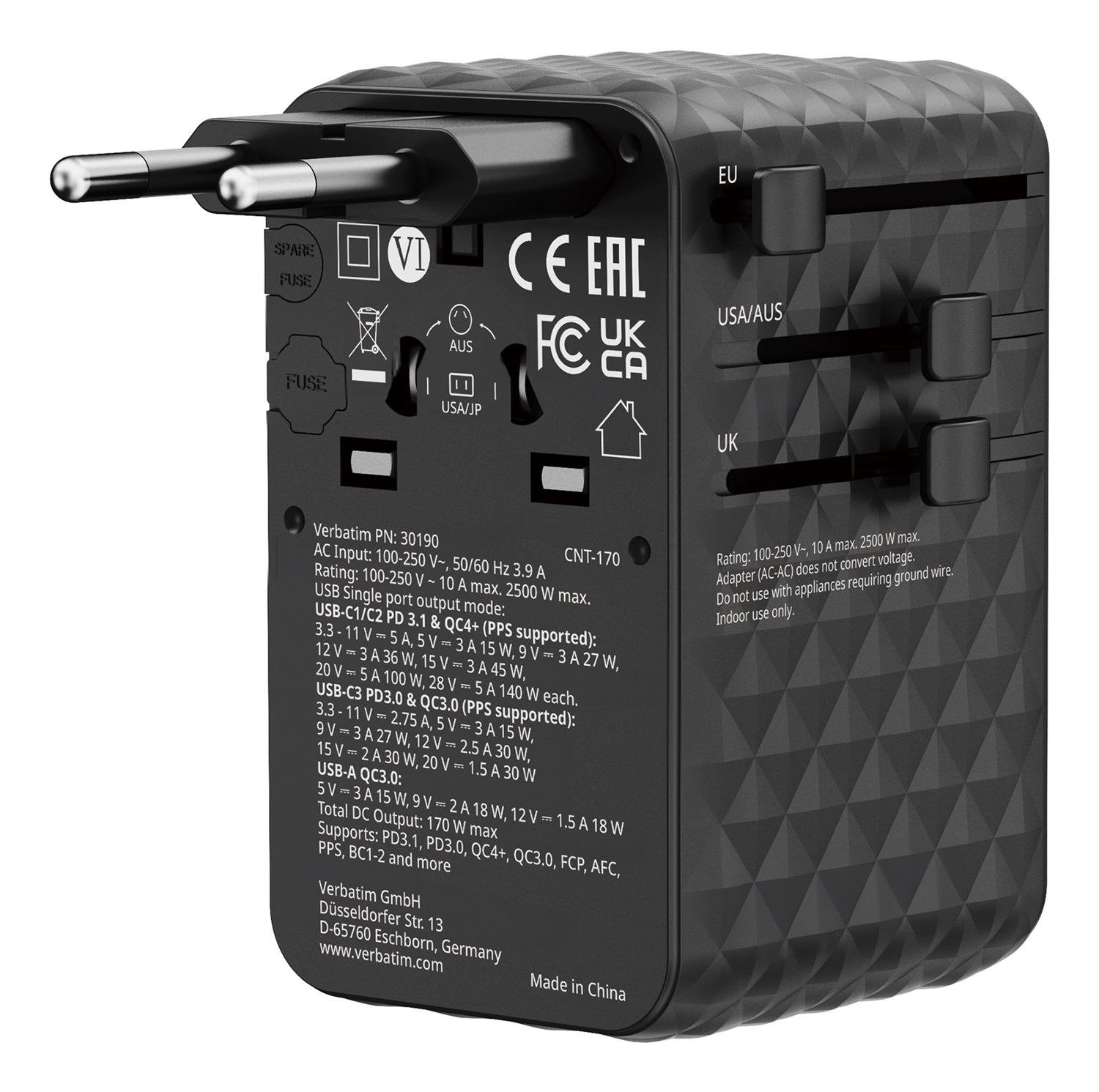 Verbatim GaN - Adattatore Universale da Viaggio 170W con 3 USB-C e 1 USB-A, Nero