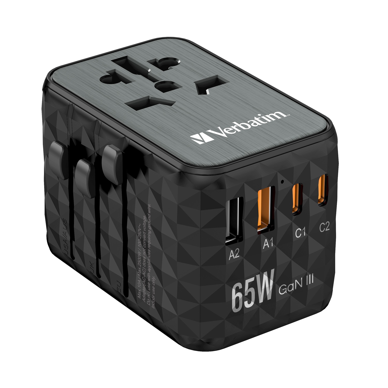 Verbatim GaN UTA-05 Adattatore da Viaggio Universale 65W con 2 Porte USB-A e 2 Porte USB-C, Caricatore Rapido per Laptop e Smartphone