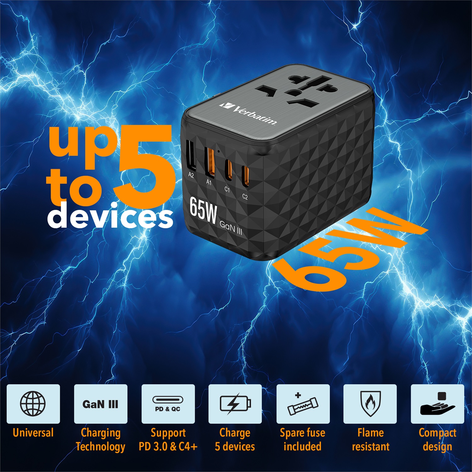 Verbatim GaN UTA-05 Adattatore da Viaggio Universale 65W con 2 Porte USB-A e 2 Porte USB-C, Caricatore Rapido per Laptop e Smartphone
