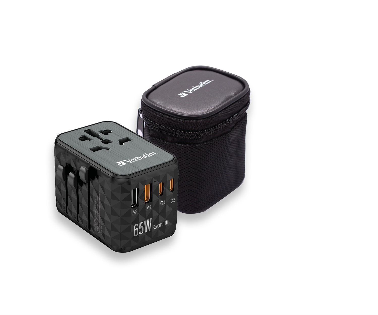 Verbatim GaN UTA-05 Adattatore da Viaggio Universale 65W con 2 Porte USB-A e 2 Porte USB-C, Caricatore Rapido per Laptop e Smartphone