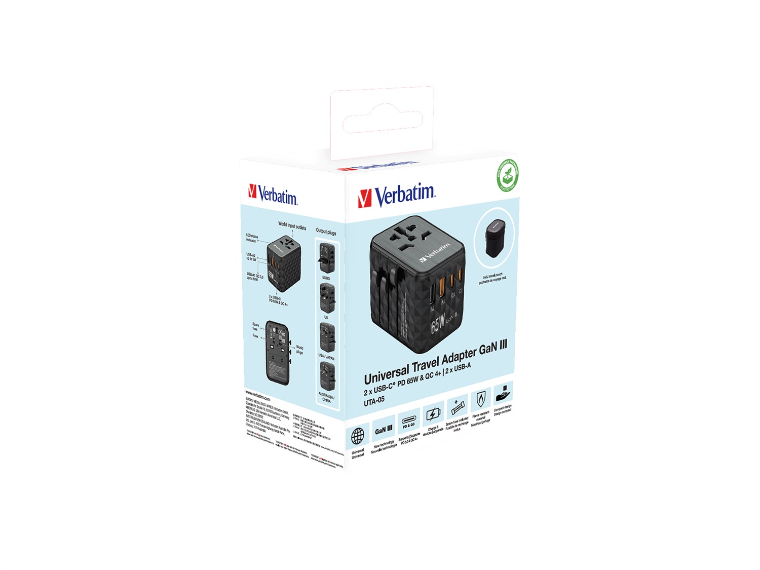 Verbatim GaN UTA-05 Adattatore da Viaggio Universale 65W con 2 Porte USB-A e 2 Porte USB-C, Caricatore Rapido per Laptop e Smartphone