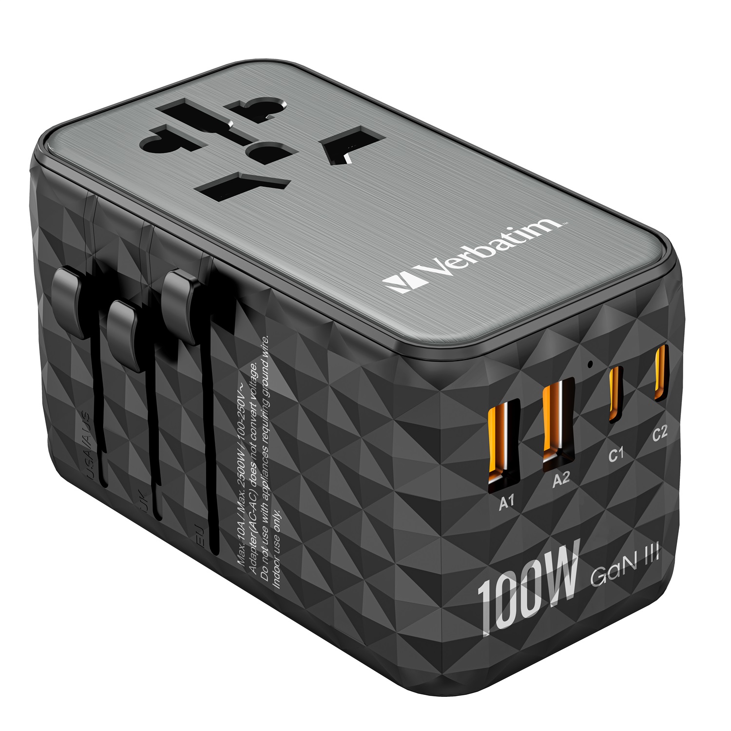 Verbatim UTA-06 Adattatore da Viaggio Universale 100W con 2 Porte USB-A e 2 Porte USB-C, Caricatore Rapido per Laptop e Cellulari, Utilizzabile in Oltre 180 Paesi