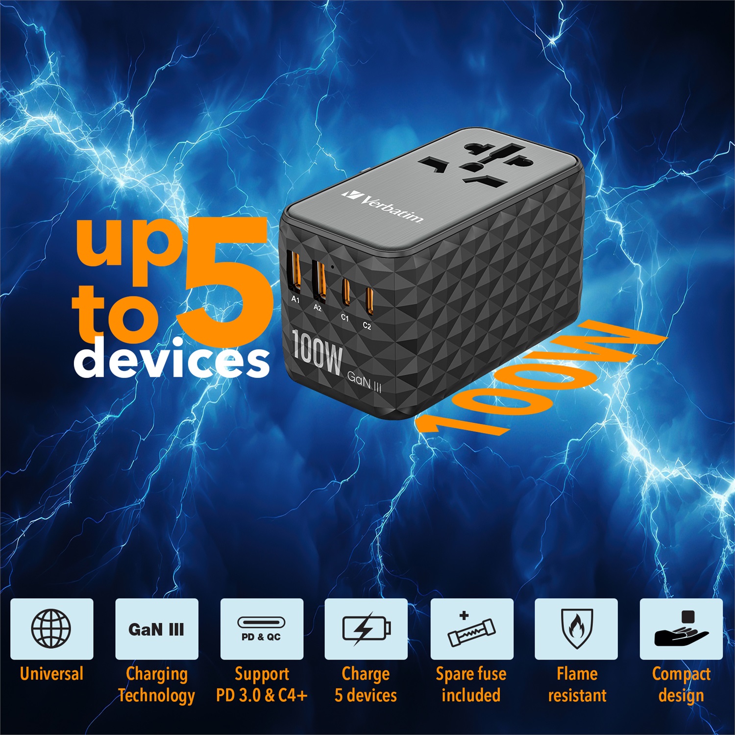 Verbatim UTA-06 Adattatore da Viaggio Universale 100W con 2 Porte USB-A e 2 Porte USB-C, Caricatore Rapido per Laptop e Cellulari, Utilizzabile in Oltre 180 Paesi