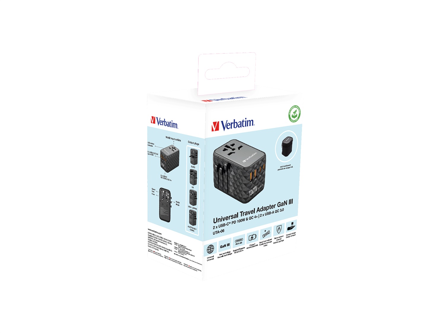 Verbatim UTA-06 Adattatore da Viaggio Universale 100W con 2 Porte USB-A e 2 Porte USB-C, Caricatore Rapido per Laptop e Cellulari, Utilizzabile in Oltre 180 Paesi
