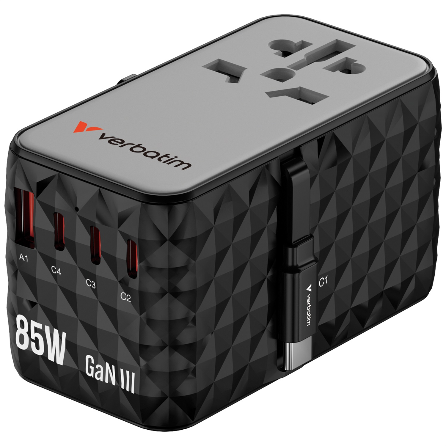 Verbatim GaN - Adattatore Universale da Viaggio 85W con Cavo USB C Integrato, 1 Porta USB-A e 3 Porte USB-C, Caricatore Rapido per Laptop e Cellulare