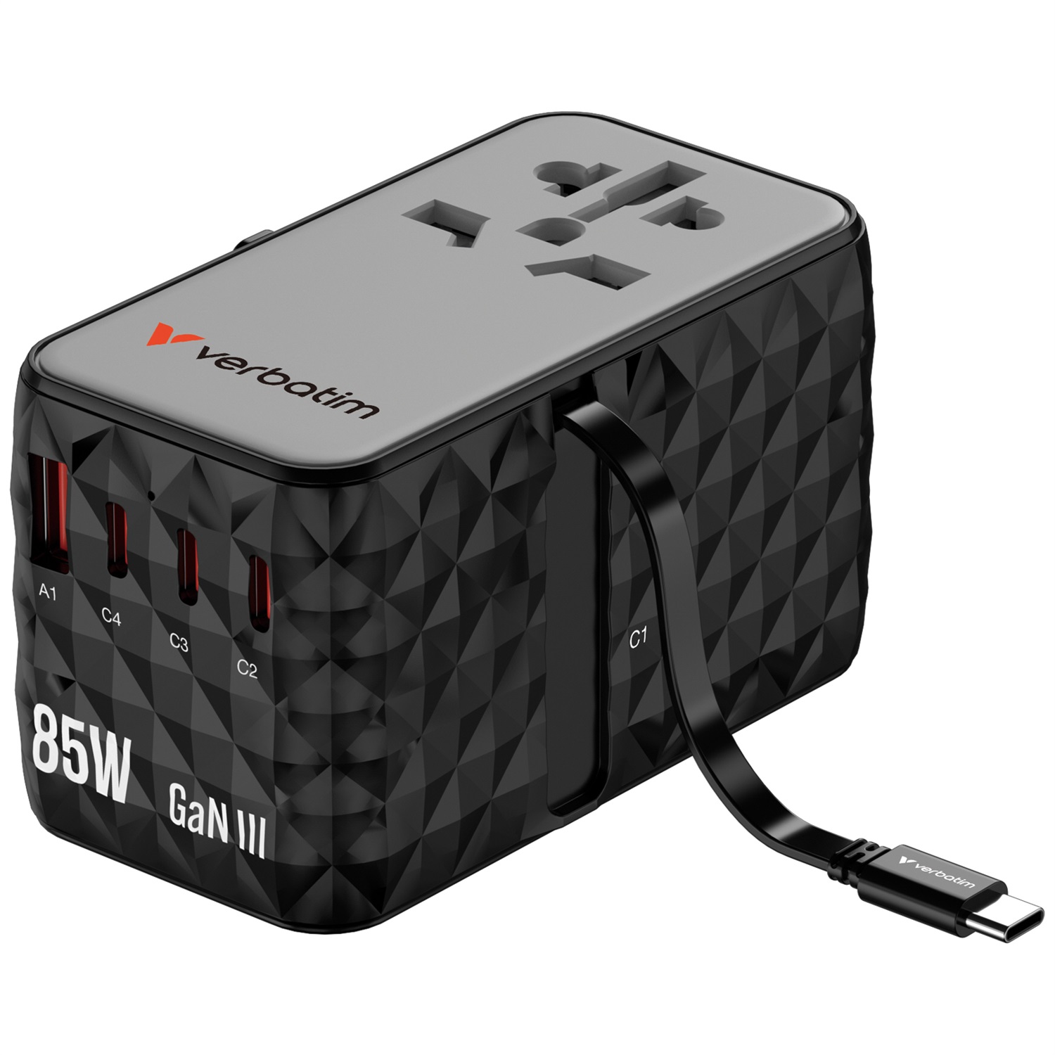 Verbatim GaN - Adattatore Universale da Viaggio 85W con Cavo USB C Integrato, 1 Porta USB-A e 3 Porte USB-C, Caricatore Rapido per Laptop e Cellulare