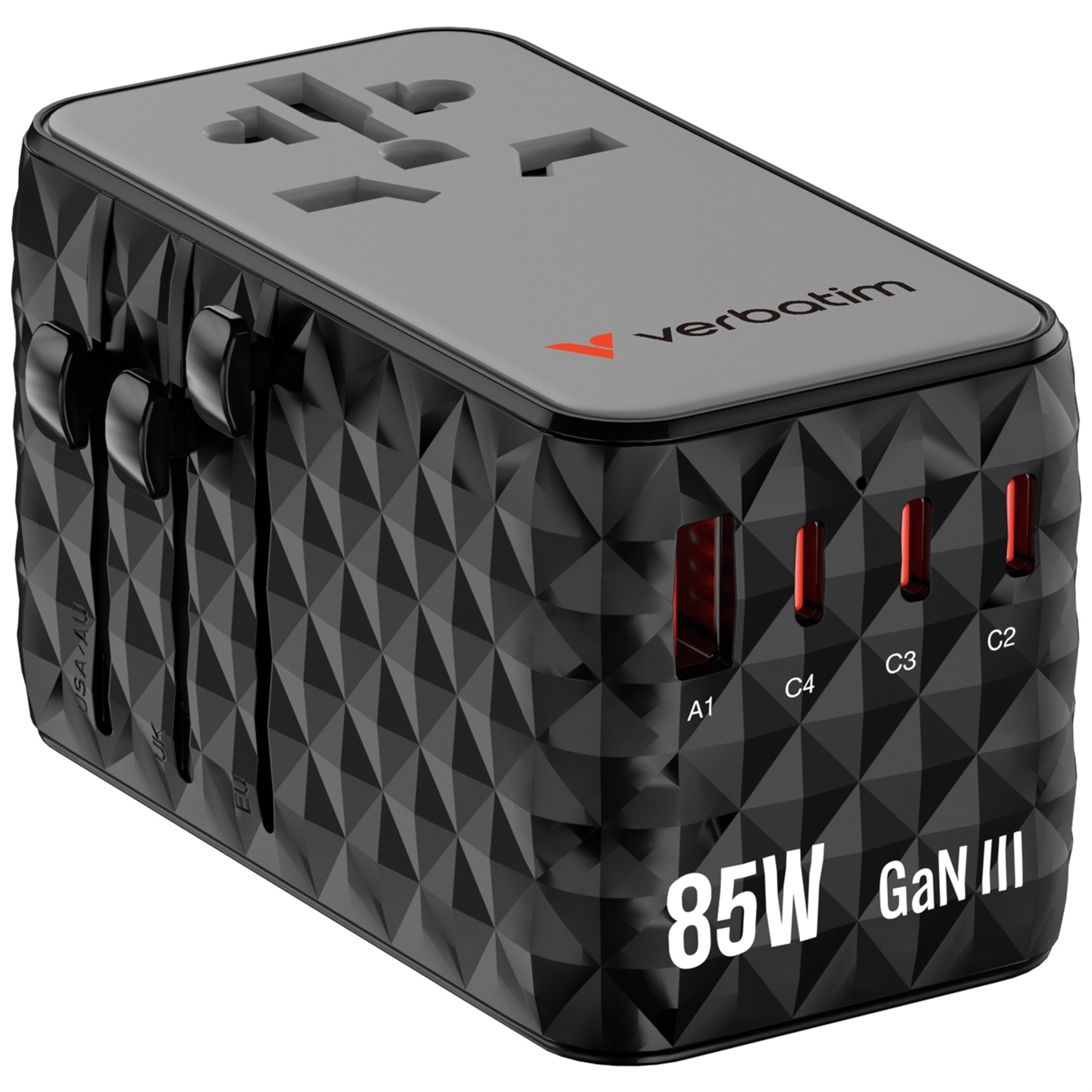 Verbatim GaN - Adattatore Universale da Viaggio 85W con Cavo USB C Integrato, 1 Porta USB-A e 3 Porte USB-C, Caricatore Rapido per Laptop e Cellulare