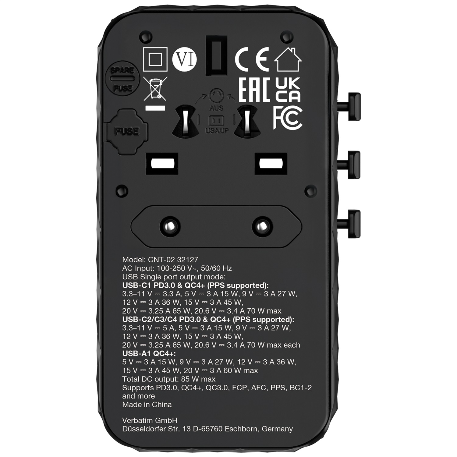 Verbatim GaN - Adattatore Universale da Viaggio 85W con Cavo USB C Integrato, 1 Porta USB-A e 3 Porte USB-C, Caricatore Rapido per Laptop e Cellulare