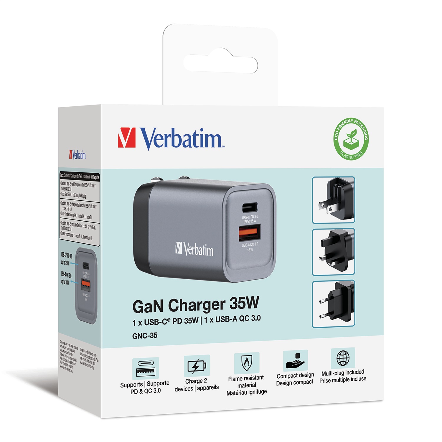 Verbatim GNC-35 Caricabatterie Universale 35W con 2 Porte USB-C e USB-A, Ricarica Rapida, Nero e Grigio
