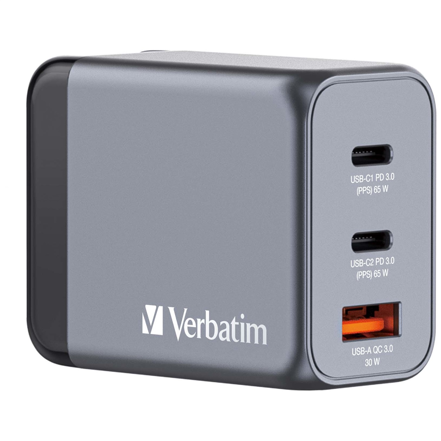 Verbatim GNC-65 Caricabatterie GaN 65W con 2 Porte USB-C e 1 Porta USB-A, Ricarica Rapida Universale, Nero/Grigio