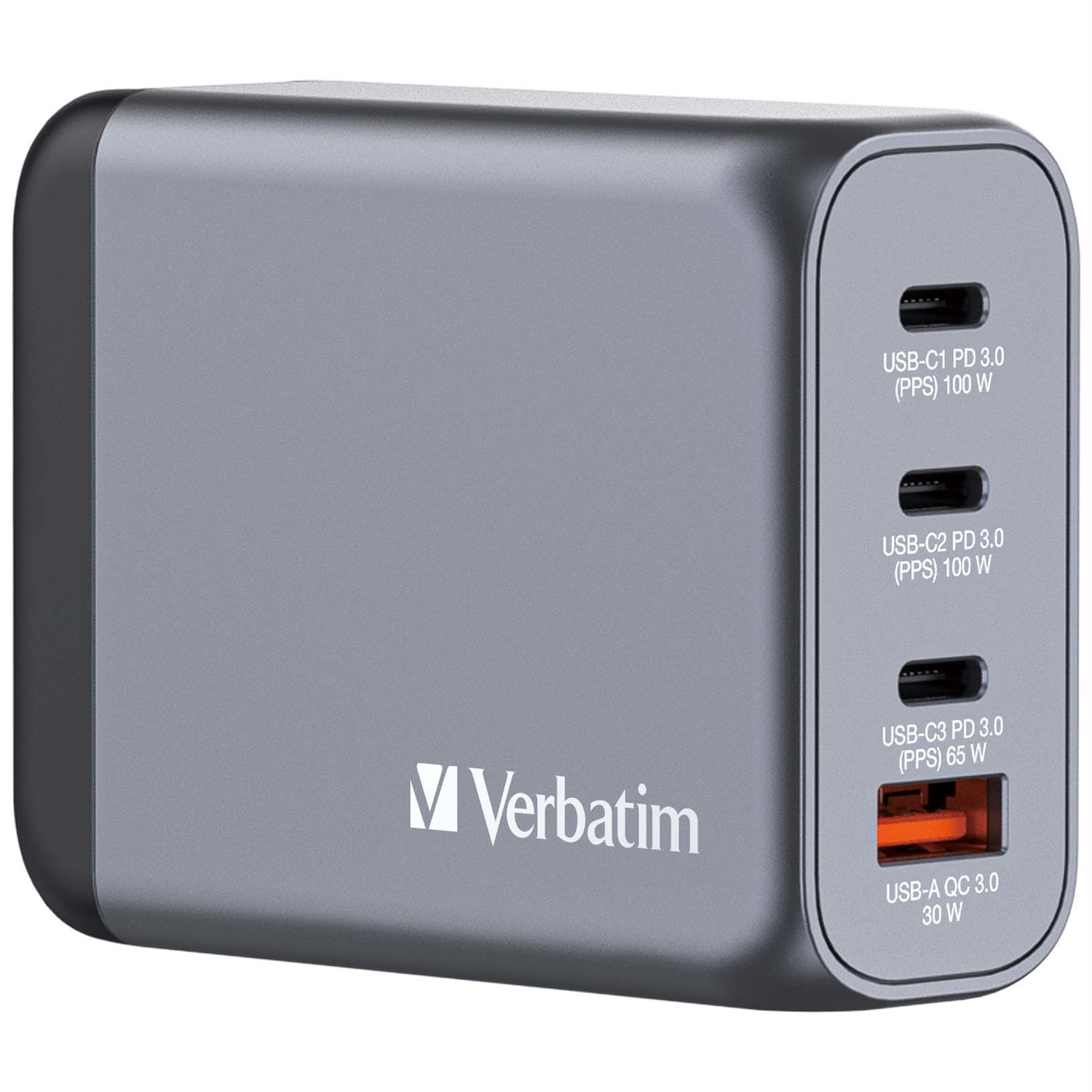 Verbatim GNC-100 GaN Charger 100W - 2x USB-C PD 100W, 1x USB-C PD 65W, 1x USB-A QC 3.0, Universale, Nero/Grigio