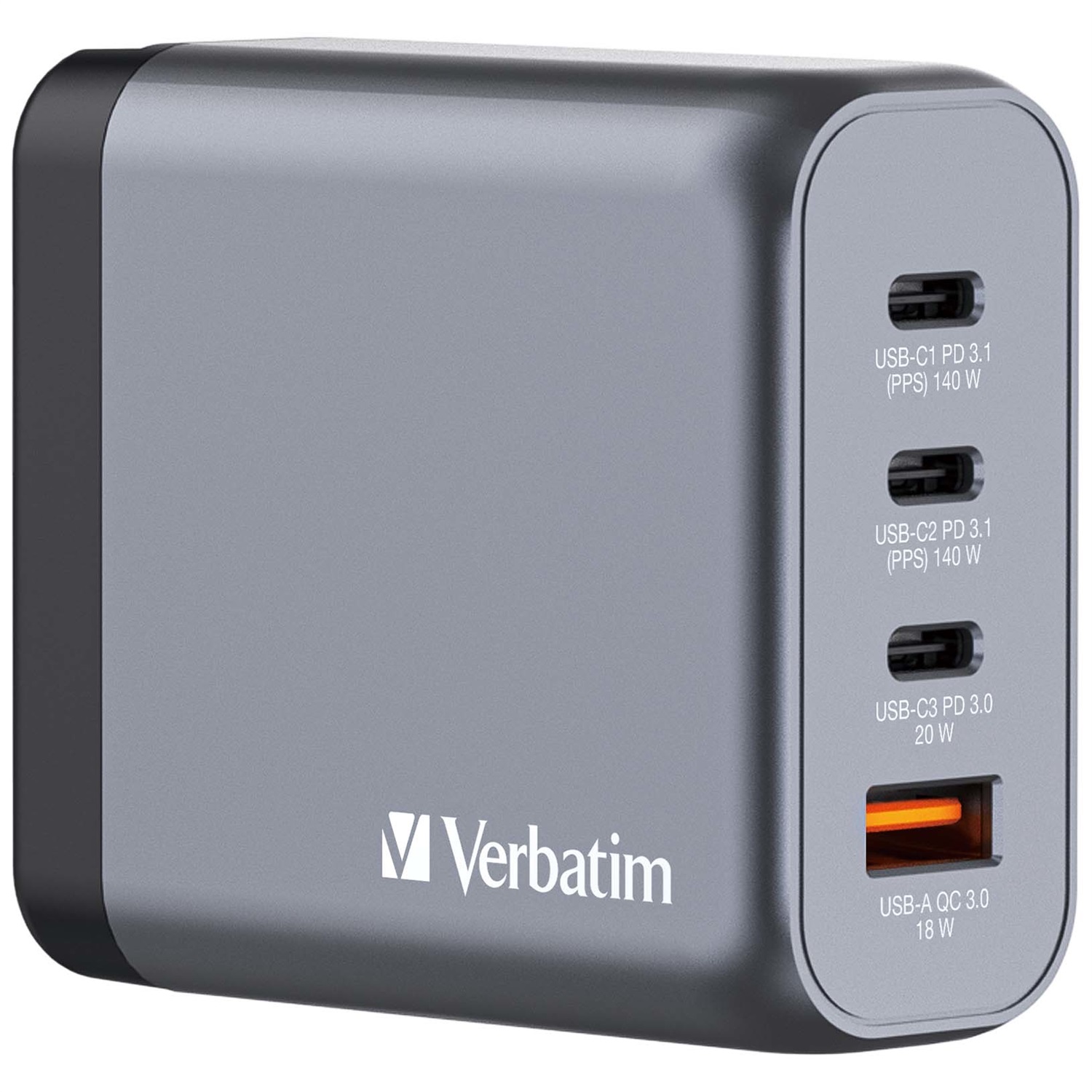 Verbatim GNC-140 Caricatore Universale 140W Nero e Grigio con 4 Porte USB-C e USB-A, Ricarica Rapida Interno