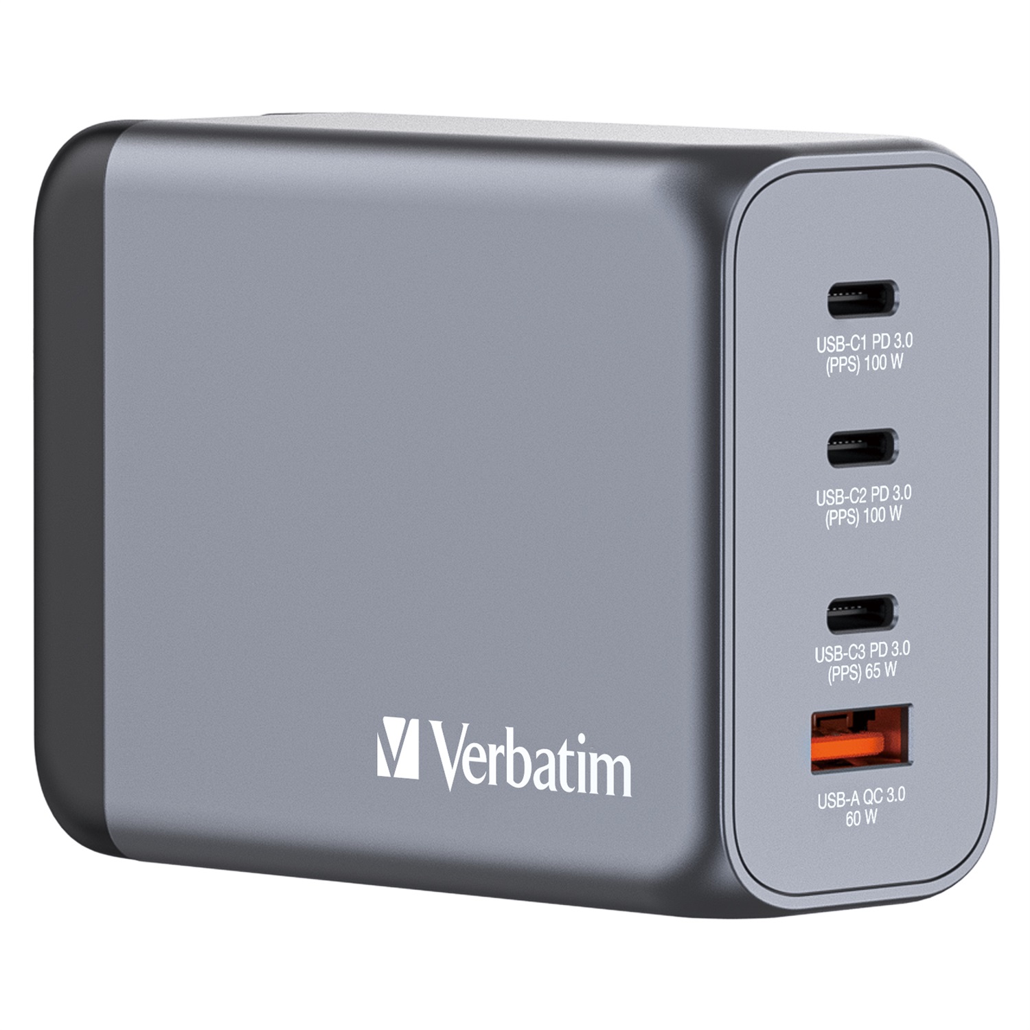 Verbatim GNC-200 Caricatore GaN 200W con 2 x USB-C® PD 100W, 1 x USB-C® PD 65W e 1 x USB QC 3.0 - Universale, Nero/Grigio