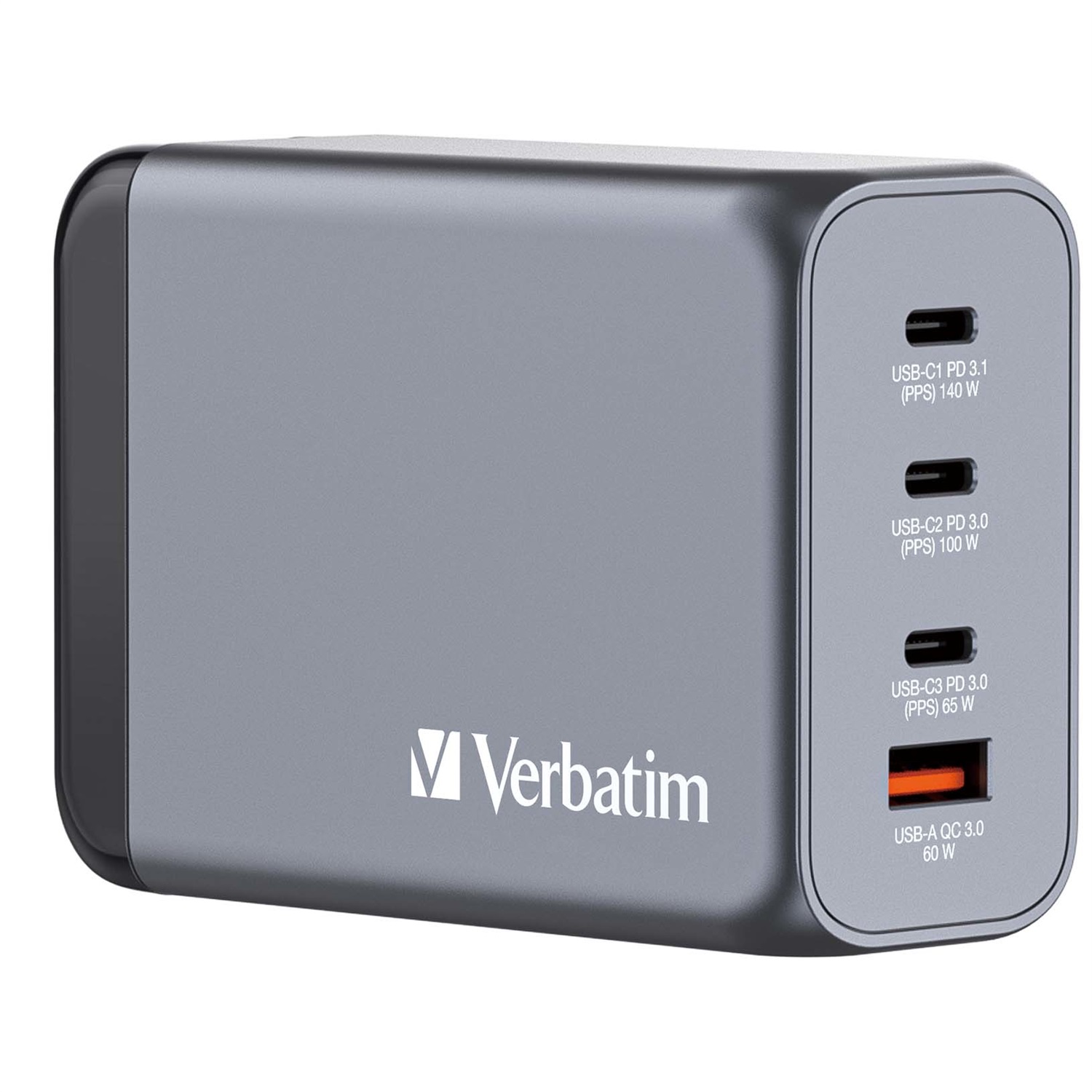 Verbatim GNC-240 GaN Charger 240W - Caricatore da Parete Universale con 3 Porte USB-C (140W, 100W, 65W) e 1 Porta USB-A QC 3.0 - Nero e Grigio
