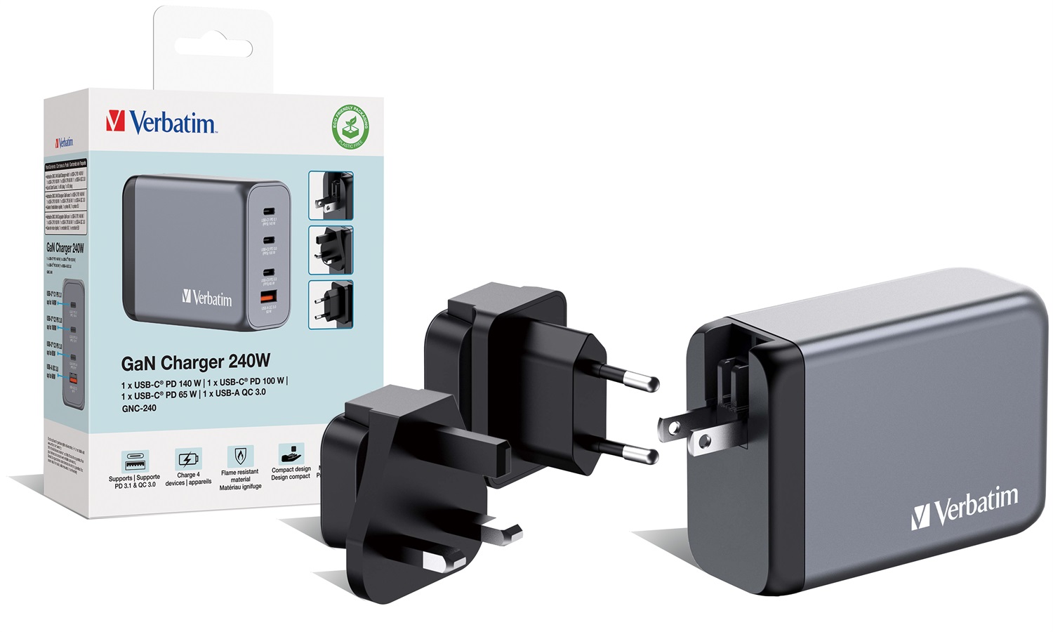 Verbatim GNC-240 GaN Charger 240W - Caricatore da Parete Universale con 3 Porte USB-C (140W, 100W, 65W) e 1 Porta USB-A QC 3.0 - Nero e Grigio