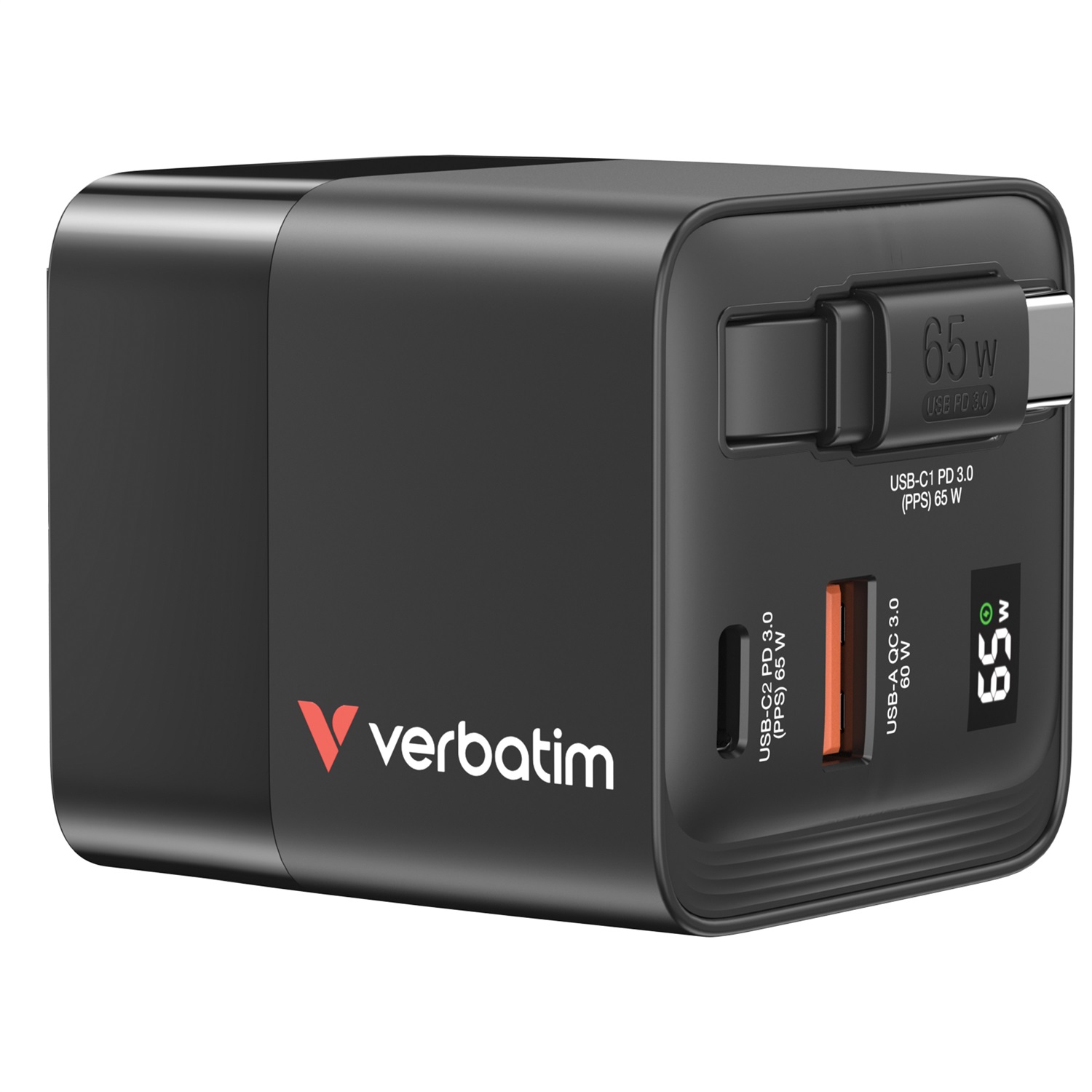 Verbatim GaN Charger 65W - Caricatore USB-C a 2 porte con cavo estraibile, adattatori EU/UK/USA, ricarica rapida