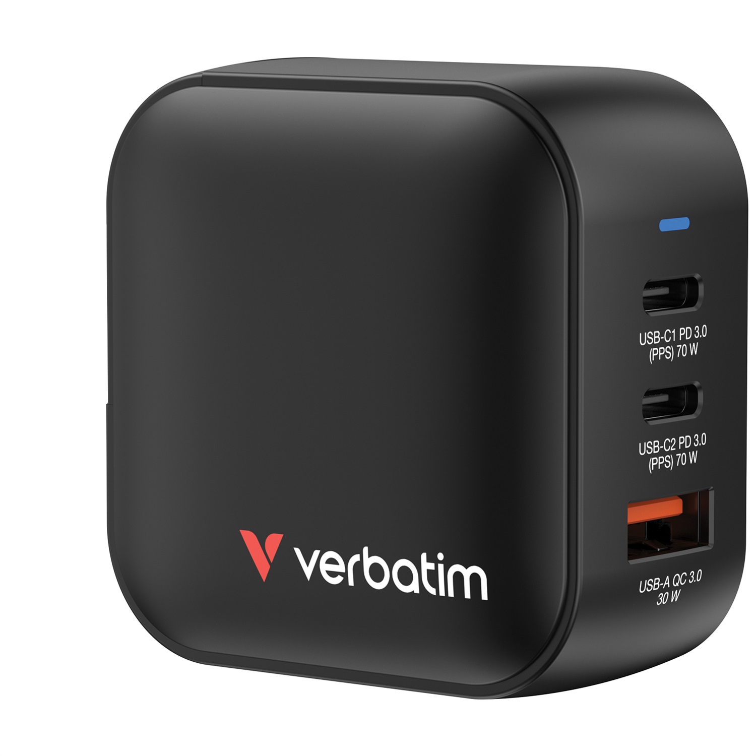 Verbatim Mini GaN Charger 70W Universale Nero - 3 Porte (2 x USB-C PD, 1 x USB-A QC 3.0), Ricarica Rapida Interno