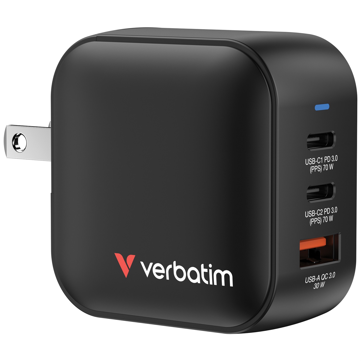 Verbatim Mini GaN Charger 70W Universale Nero - 3 Porte (2 x USB-C PD, 1 x USB-A QC 3.0), Ricarica Rapida Interno