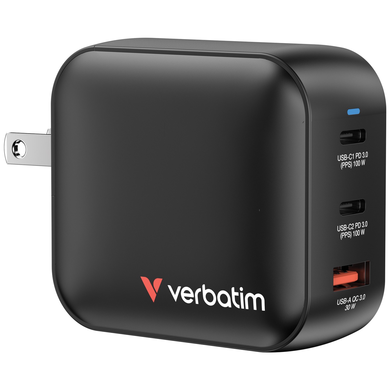 Verbatim Mini GaN Charger 100W - Caricabatterie Universale con 3 Porte USB-C e USB-A, Ricarica Rapida per MacBook, iPad, iPhone e Samsung