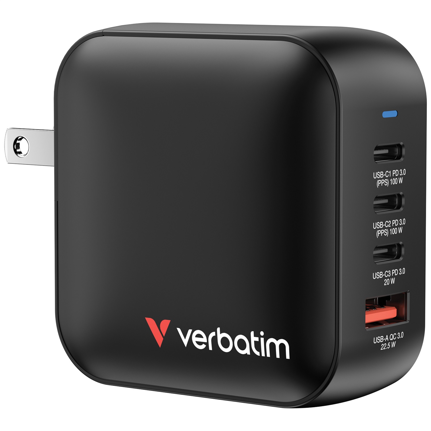 Verbatim Mini GaN Charger 100W Universale Nero - Caricatore Interno AC con 3 Porte USB Tipo C